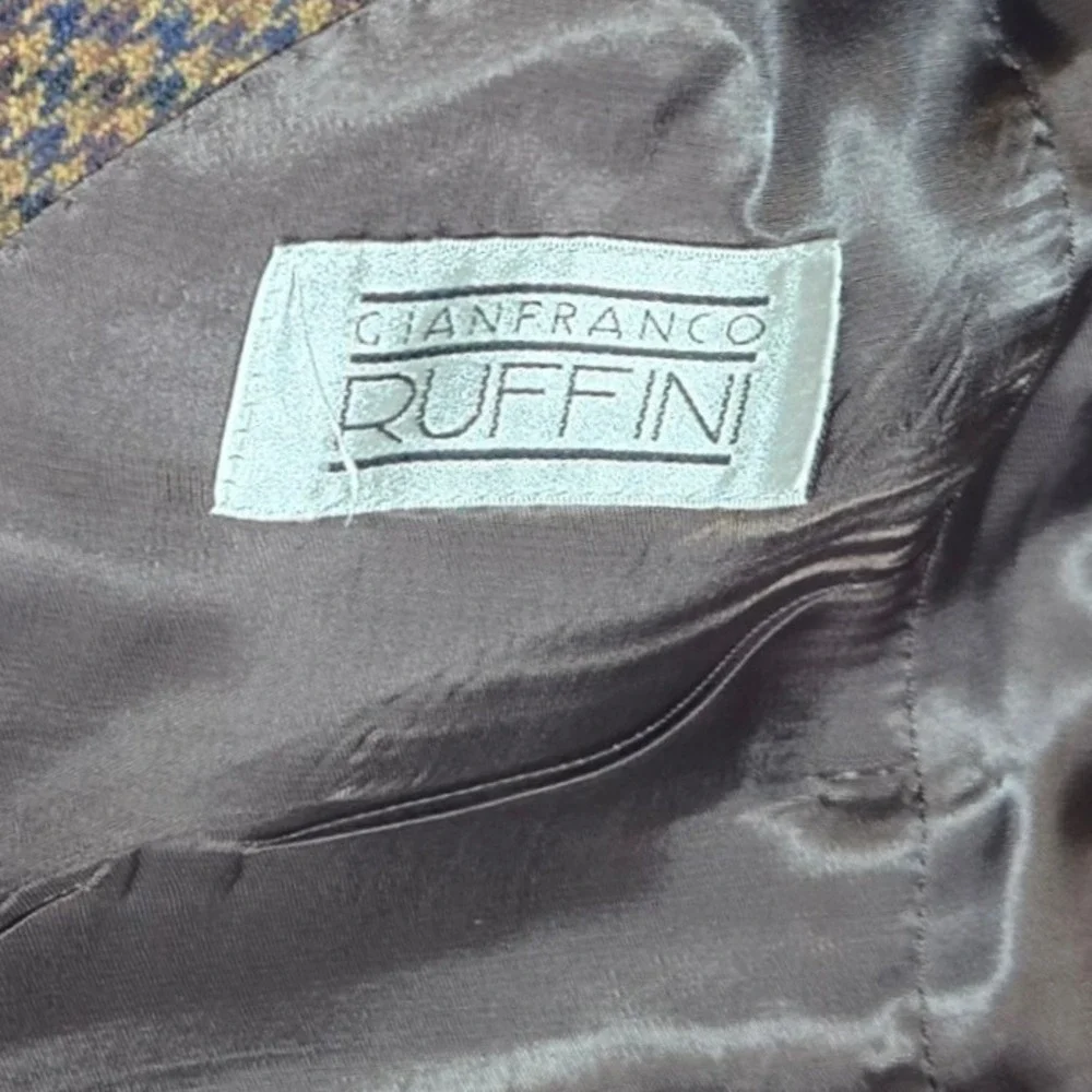 Gianfranco Ruffini Mens 39S‎ Lambswool Houndstooth Blazer Jacket Brown Blue